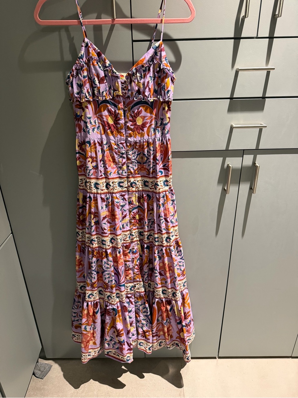 FARM Rio XS Floral Tiered Spaghetti-Strap Maxi Dress in Lavender and Coral